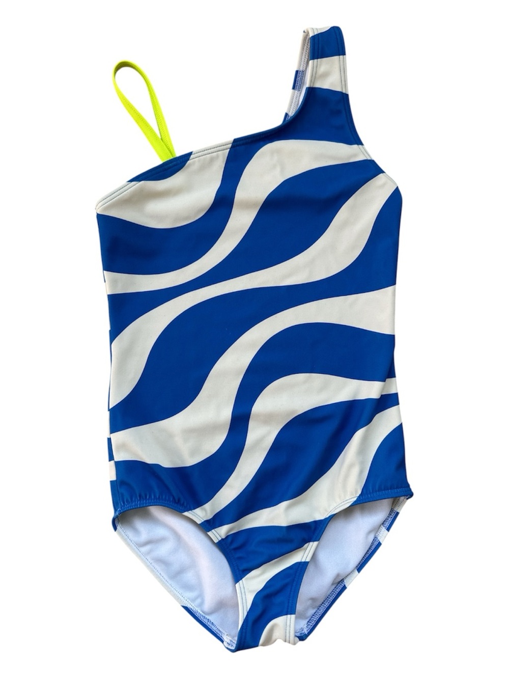 Mini Boden Blue & White One-Shoulder Swimsuit with Neon Strap